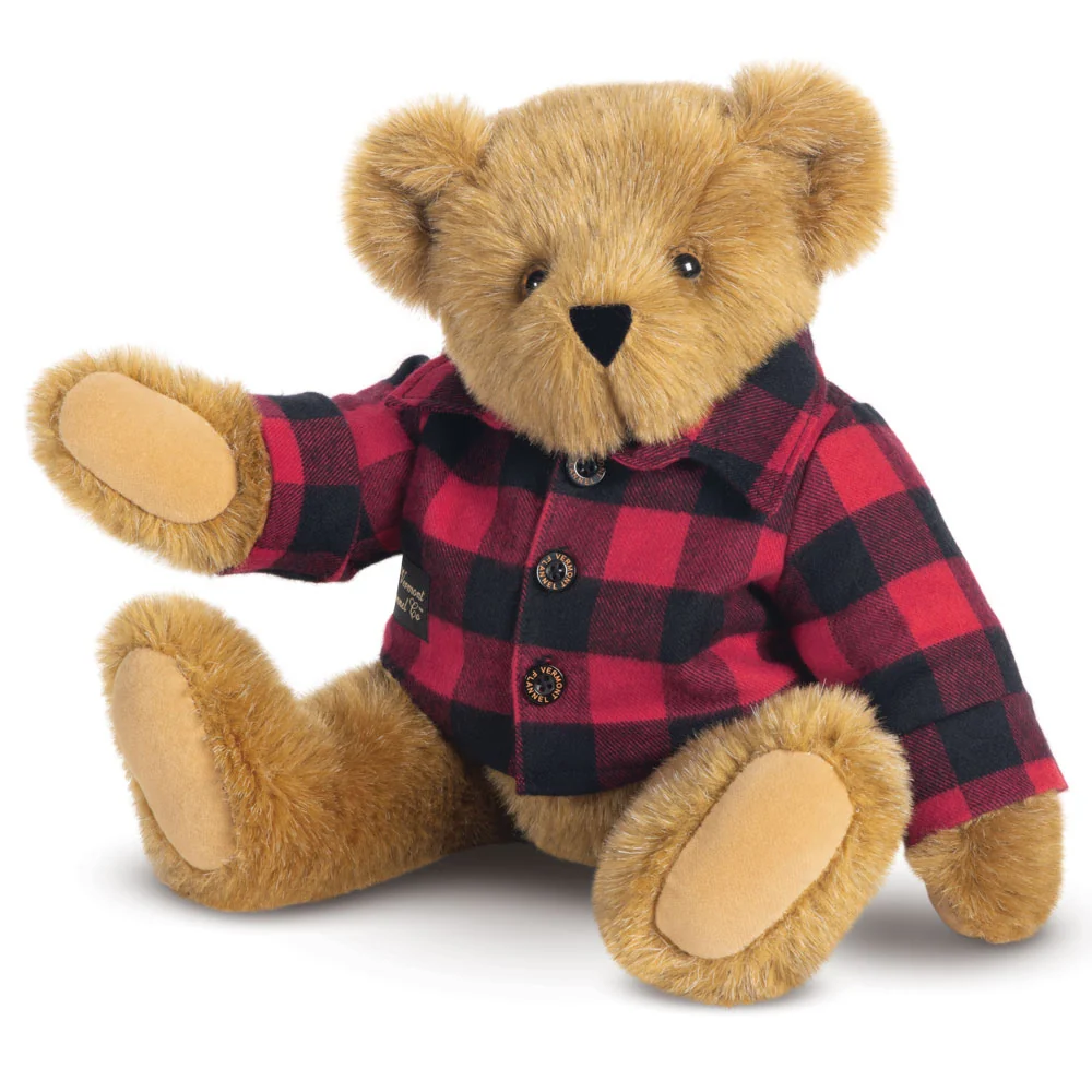 15 In. Vermont Flannel Bear. Red Buffalo Plaid